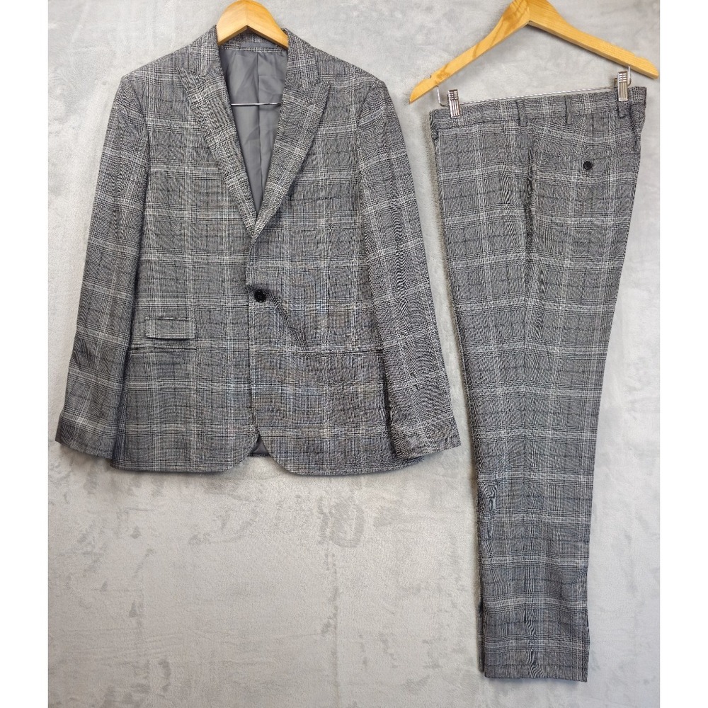 Moss London Mens Gray Houndstooth Plaid Blazer Suit Slim Fit 42R Pants 36x31